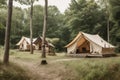 tent luxury light canvas travel vacation forest camping glamping nature. Generative AI.