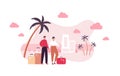 Tourism and vacation travel concept. Vector flat people illustration. Couple of young adult male and female tourist with baggage Royalty Free Stock Photo