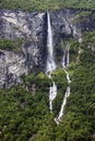 Tourism vacation and travel. Mountains and waterfall in Bergen, Norway, Scandinavia Royalty Free Stock Photo