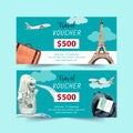 Tourism voucher design with Eifel Tower, Merlion, plane and backpack watercolor illustration