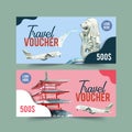 Tourism voucher design with Merlion, Chureito pagoda, plane watercolor illustration