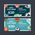 Tourism voucher design with turtle, fish, balloon, globe, bag watercolor illustration