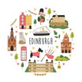 Tourist abstract design with famous destinations and landmarks of Edinburgh.