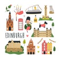 Tourist abstract design with famous destinations and landmarks of Edinburgh.