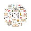 Tourist abstract design with famous destinations and landmarks of Rome.