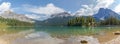 Panorama of Emerald Lake and reflection with green taiga forest and blue sky in autumn at yoho national park of British Columbia, Royalty Free Stock Photo