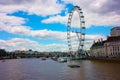 Tourist afternoon in Westminster City. The Ferris wheel or Eye of London rules over the water of the River Thames
