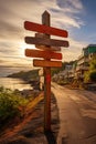 Tourist area outside of town Blank signs showing directions from wooden planks