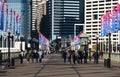 Heritage Pyrmont Bridge with colorful flagpoles and light posts on both sides at Cockle Bay, Darling Harbor, Sydney, Australia