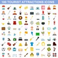 100 tourist attraction icons set, flat style Royalty Free Stock Photo