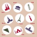 Tourist attraction landmark. World attractions icon set.