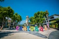 The Merlion sign and statue, the head of a lion and the body of a fish is symbol in Sentosa Island in Singapore. Royalty Free Stock Photo