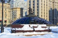 Tourist attraction World Clock Fountain on Manege square. Moscow in winter