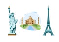 Tourist attractions, Eiffel Tower, Statue of Liberty, Taj Mahal. Flat style