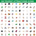 100 tourist attractions icons set, cartoon style