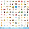 100 tourist attractions icons set, cartoon style