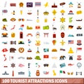 100 tourist attractions icons set, flat style Royalty Free Stock Photo