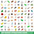 100 tourist attractions icons set Royalty Free Stock Photo