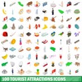 100 tourist attractions icons set