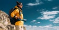 Tourist with a backpack against the sky, panorama. Portrait of a traveler in yellow clothes against the sky. Portrait of a woman