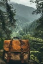 tourist backpack on the background of nature mountains