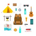 Tourist backpack with camping hiking things equipment to travel Royalty Free Stock Photo