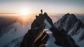 A tourist with a backpack stands on the top of the mountain and admires the view. The concept of sports and active life.