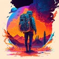 Tourist with a backpack is traveling. Beautiful colorful illustration. style. Generative AI