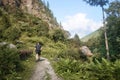 Tourist with backpack walks along a mountain path in scenic forest during hike in Lantang National Park, Nepal