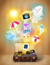 Tourist bag with colorful summer icons and symbols Royalty Free Stock Photo