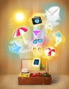 Tourist bag with colorful summer icons and symbols Royalty Free Stock Photo