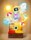 Tourist bag with colorful summer icons and symbols Royalty Free Stock Photo