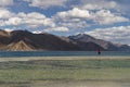 Tourist on the banks of pangong lake in ladakh, India