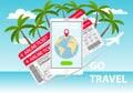 Tourist banner. Time to travel. Best tour available. The plane flies around the Earth. Vector illustration of tourism concept Royalty Free Stock Photo