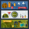 Tourist banners with camping equipment in flat Royalty Free Stock Photo