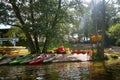 Tourist base of kayaks and canoes, summer adventure kayak, rafting to canoe