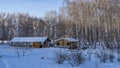 Tourist base in winter. Wooden houses stand on the edge of a birch grove. Royalty Free Stock Photo