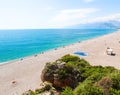 Tourist beach of the Mediterranean Sea. Antalya, Turkey, April 6, 2019 Royalty Free Stock Photo