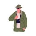 Tourist with binocular hanging on neck. Happy hiker walking and hiking on summer holiday. Man traveler in khaki hat and