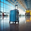 Tourist blue suitcase at floor airport on background, bright luggage waiting in departure lounge hall of airport Royalty Free Stock Photo