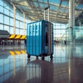 Tourist blue suitcase at floor airport on background, bright luggage waiting in departure lounge hall of airport Royalty Free Stock Photo