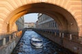 Tourist boat going along channel in Saint, Petersburg, Russia