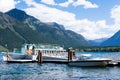 Tourist boat on Lake McDonald in West Glacier waiting for visitors to board Royalty Free Stock Photo