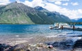 Tourist boat on Lake McDonald in West Glacier waiting for visitors to board Royalty Free Stock Photo