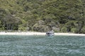 Tourist boat landing at Tonga Quarry beach, near Kaiteriteri, Abel Tasman park, New Zealand