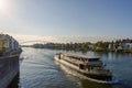 tourist boat on river, riverside and Hoge Brug from Sint Servaasbrug n Maastricht, Netherlands. Royalty Free Stock Photo