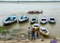 Tourist boats on the Ganges river in Varanasi, India Royalty Free Stock Photo