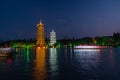 Illuminated at night Sun and moon pagodas in Guilin Royalty Free Stock Photo