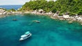 Tourist Boats In Tropical Bay. Drone View Of Tourist Boats With Divers And Snorkelers Floating On Calm Sea Water In Hin Wong Bay
