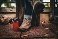 A tourist in boots sits cross-legged on a tree stump